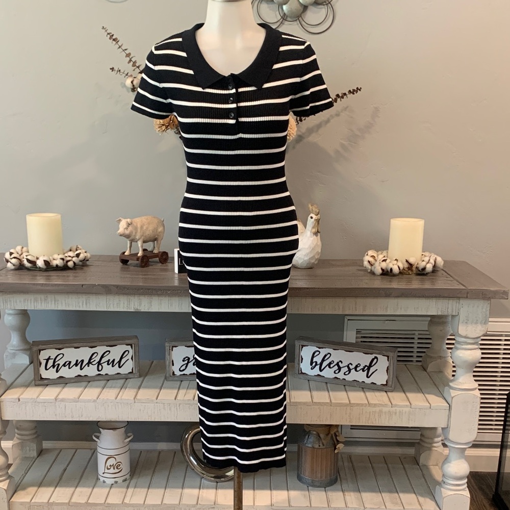 Love Tree Black and White Striped Polo Midi Dress